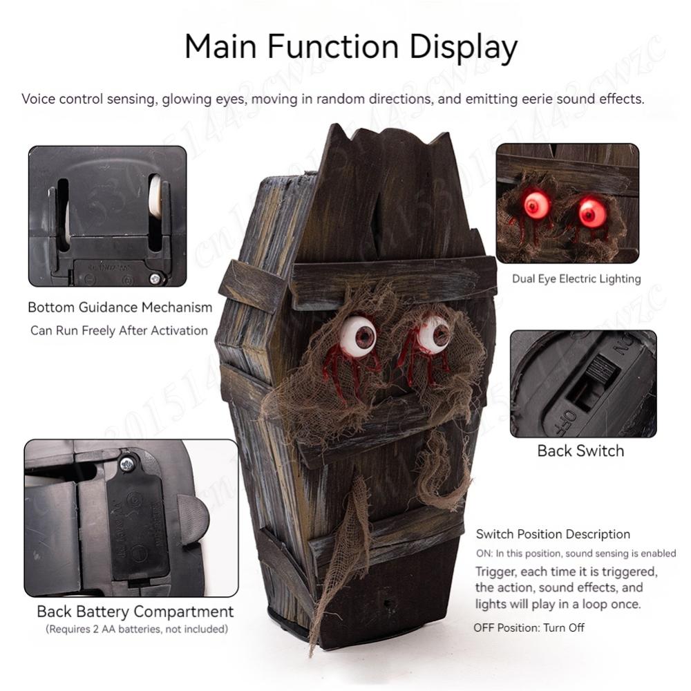Halloween Coffin Box w/Red Eyes & Horror Sound Effect Scary Halloween Ornaments For Haunted House Home Party Decor Accessories
