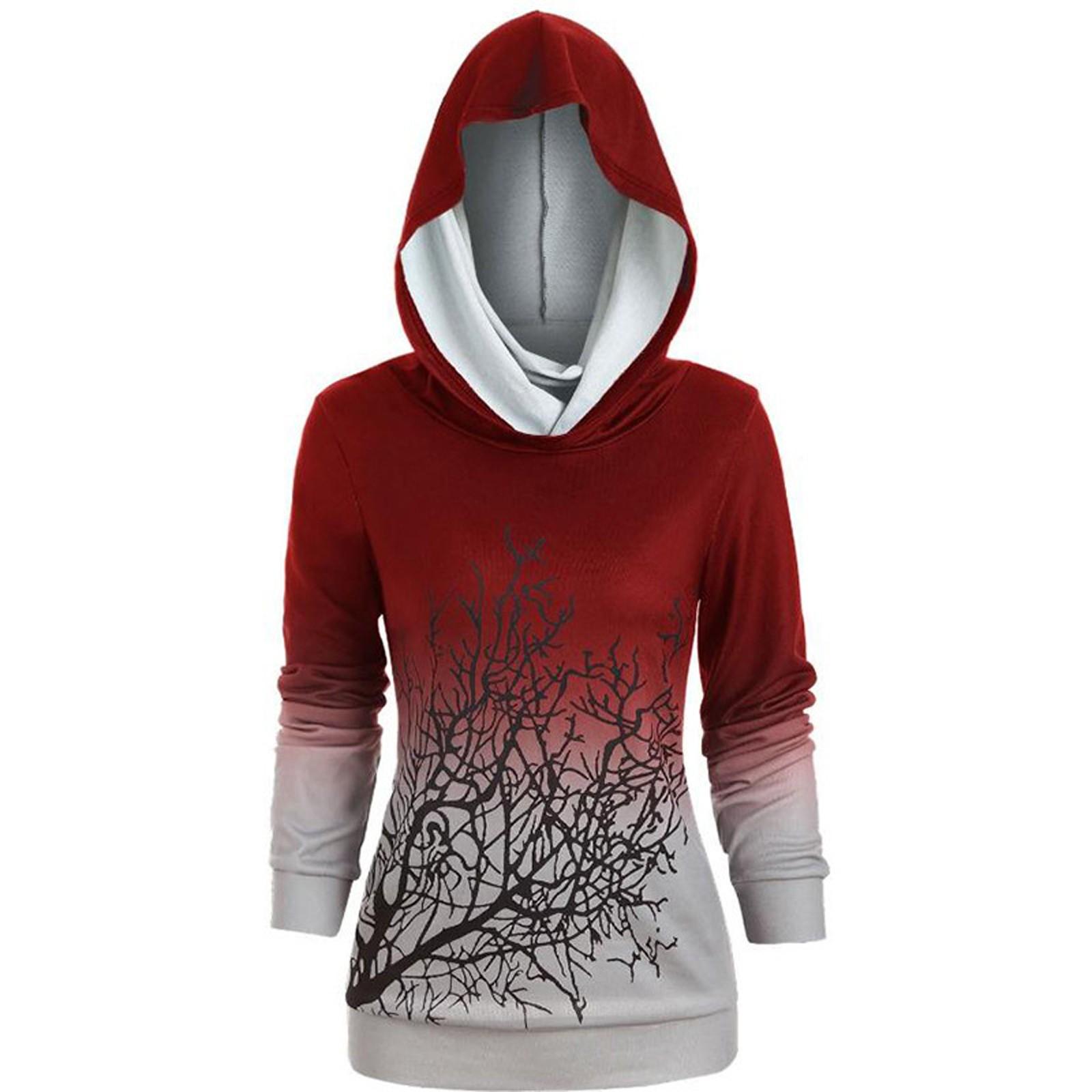 

(SU)Женская мода Casua Halloween Tree Print Толстовка с откидным воротником
