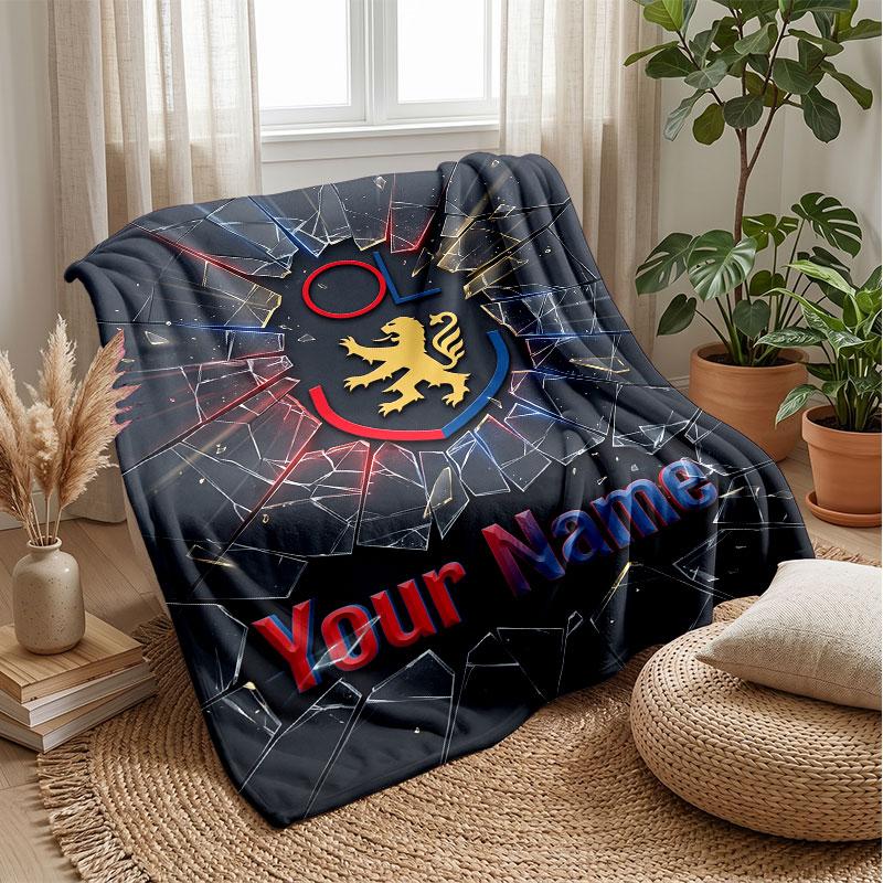 Lyon FC Custom Name Text Flannel Blanket Soccer Logo Personalized Fleece Throw Blanket Special Gift For Sofa Bedroom Home