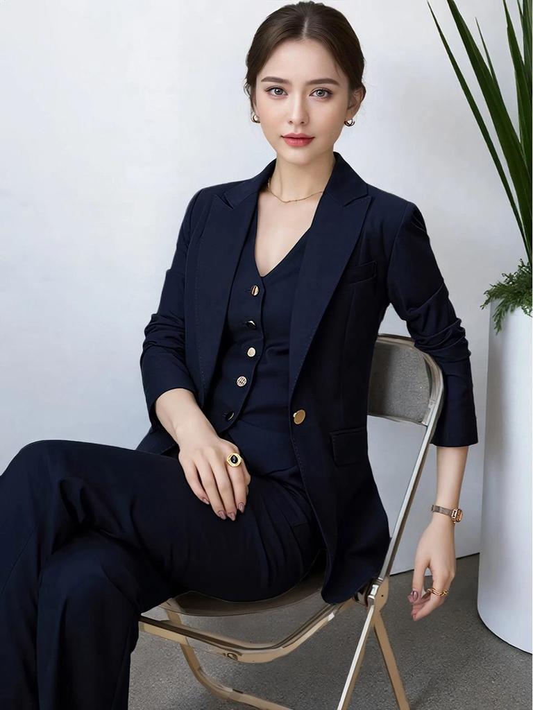 Ensemble 3 pièces pour femme en laine australienne: Blazer, gilet et pantalon évasé haut de gamme printemps/automne