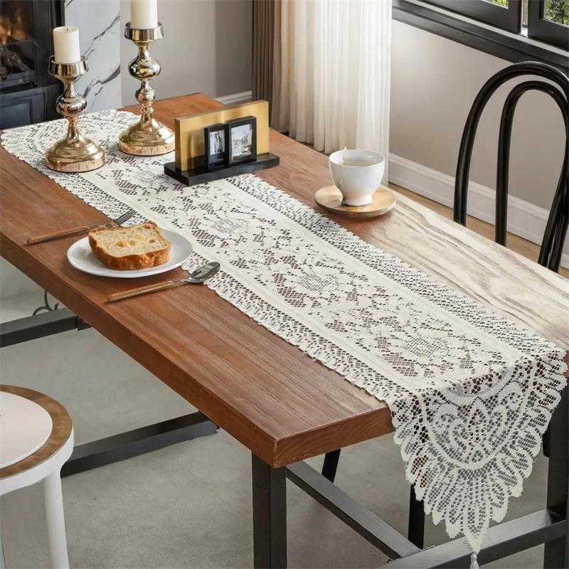 1Pc Warp Knitted Lace Fringe Red White Beige Lace Tassel Table Flag for Home Decoration, Wedding Party Table Flag Decoration