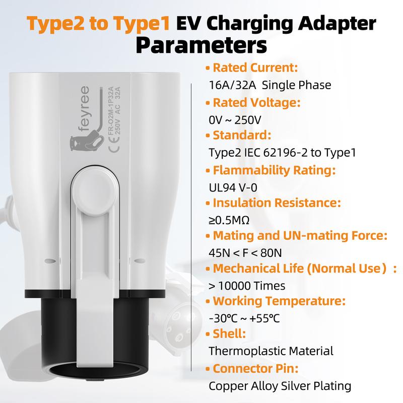Feyree EV Charger Adapter Type2 to Type1 Car Charging Socket AC Charger Adapter 32A 1Phase 3.5KW 7KW Max for Electric Car