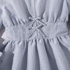 Girls' Fashion Dresses for Fall: Elegant Solid-Color V-Neck Striped Long-Sleeve Dress with Bow