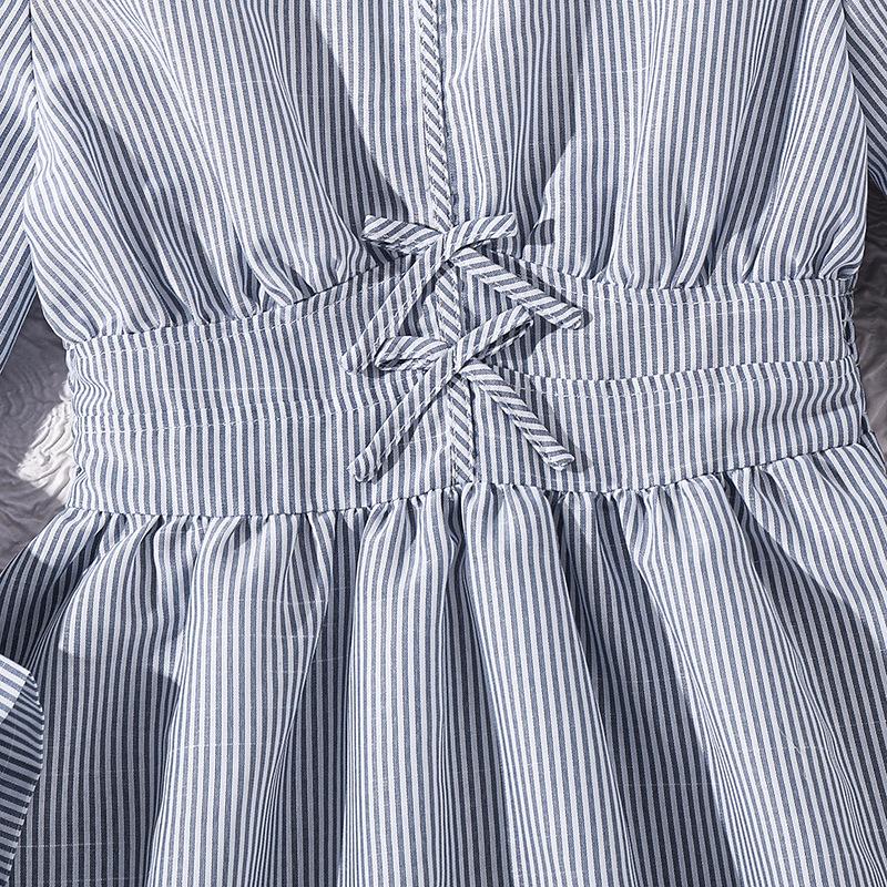 Girls' Fashion Dresses for Fall: Elegant Solid-Color V-Neck Striped Long-Sleeve Dress with Bow