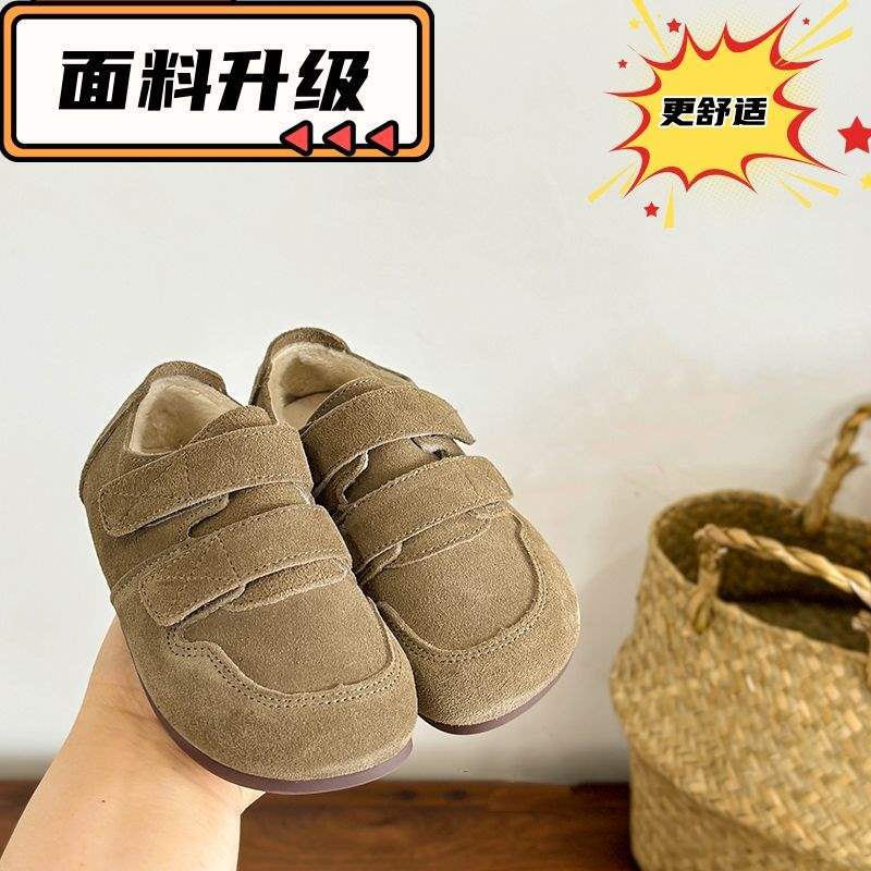 Korean Children's Birkenstocks, Boys' Winter Velvet Casual Shoes, Velcro Retro Girls' Two Cotton Shoes, Warm and Non-slip