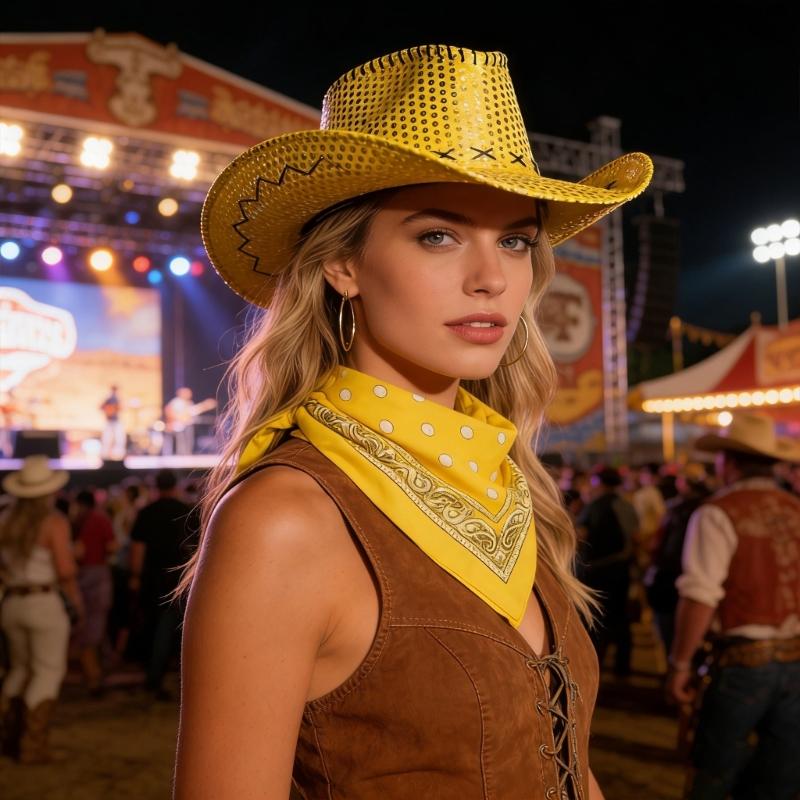 Gold Sequins Western Cowgirls Hat with Bandana Costume Set For Parties And Theme Event With Comfortable Acrylic Fabric