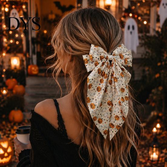 Pumpkin Hair Decorations Large Halloween Bows for Women Girls, Vintage Ribbon Barrette Clips with Long Satin Accessories Tails, Ghost/Pumpkin/Blood