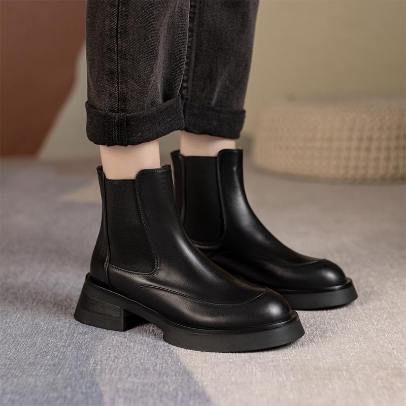 2024 Hot Sale Fashion Genuine Leather Shoes Women Chelsea Boots Stretch Slip on Comfortable Mid Heels Platform Ankle Boots Women