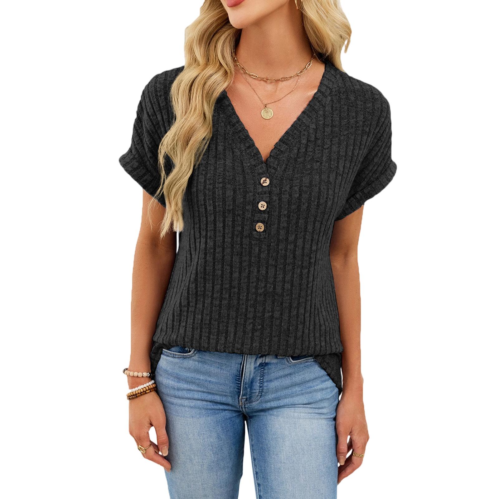 Women s Casual Fashion Comfortable V-Neck Button-Up Loose-Fit Top S чёрный