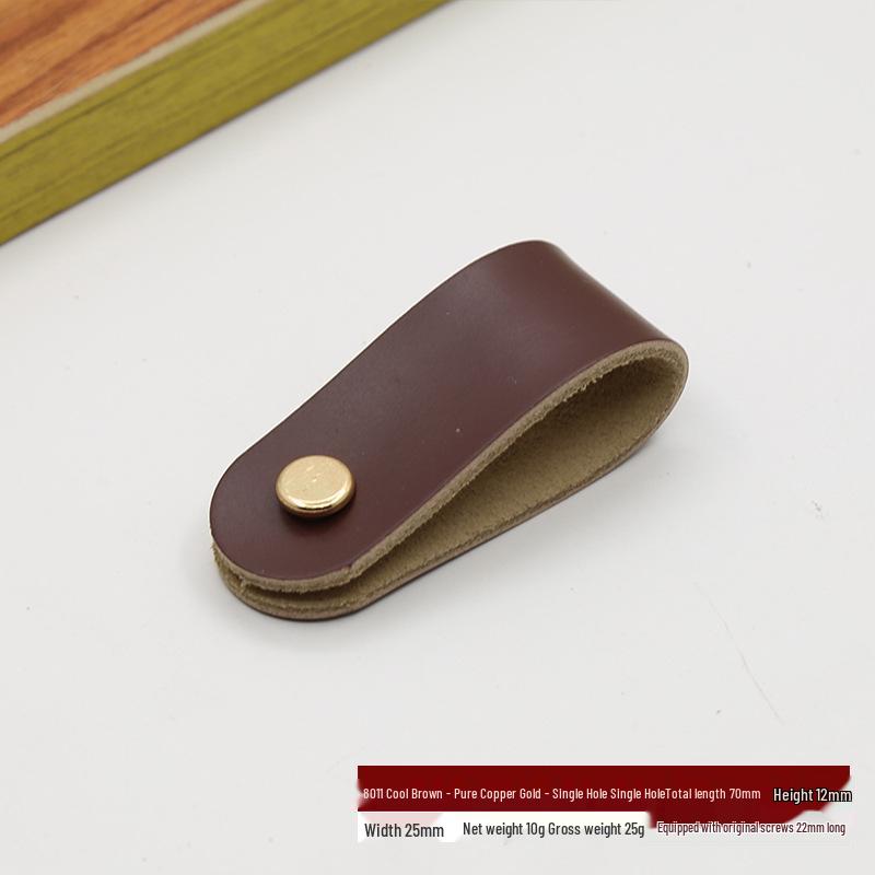 Leather Handle for Cabinet Door and Drawer - Single Hole, Pure Copper Accents