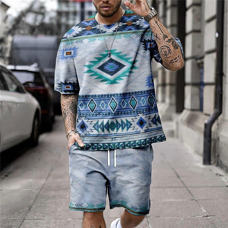 Summer Round Neck 3D Ethnic Style Printed Set Fashionable and Casual Short Sleeved Shorts Men's Sport Wear