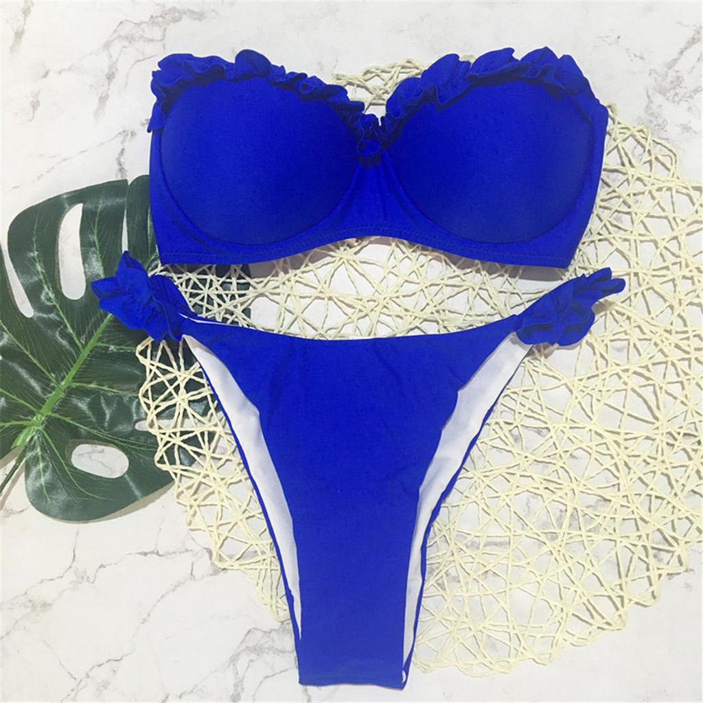 Bandeau Bikini Push Up Swimsuit Female Swimwear Women Bikini Set High Leg Cut Bather Ruffled Bathing Suit