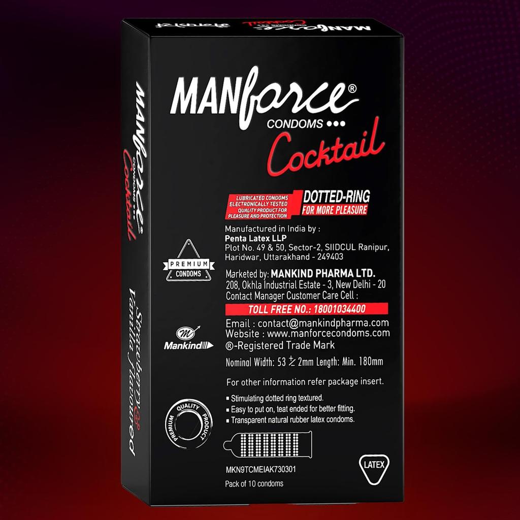Manforce Cocktail Condoms with Dotted-Rings, Strawberry & Vanilla Flavoured- 10 Pieces