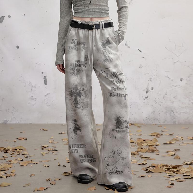 UNIFREE Letter Print Tie-Dye Distressed Loose Straight-Leg Pants