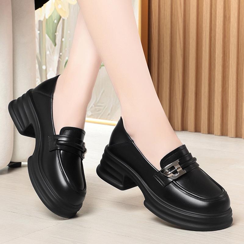 

Повседневная кожаная обувь Весна и осень Женские одинарные туфли Толстый каблук Толстая подошва Круглый носок Лоферы 40