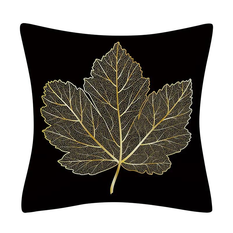 45x45cm Golden Feather Black Pillowcase Custom Leaves Plants Cushion Cover Sofa Living Room Home Decor Square Pillowslip