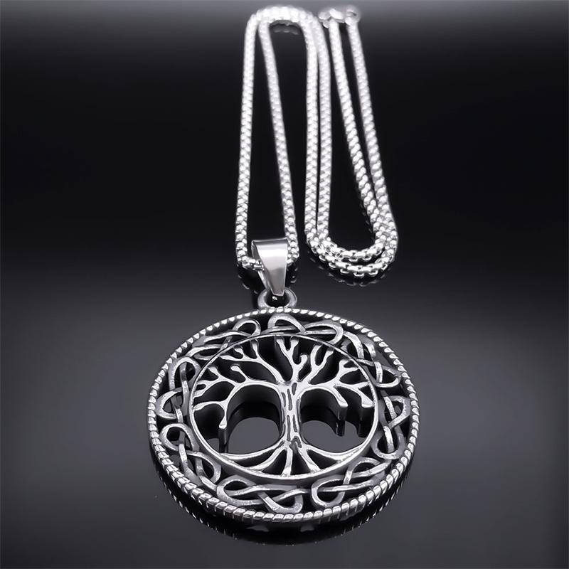 Viking Tree of Life Necklace for Women Men Stainless Steel Silver Color Knot Necklaces Amulet Jewelry collier homme NZZ393S02