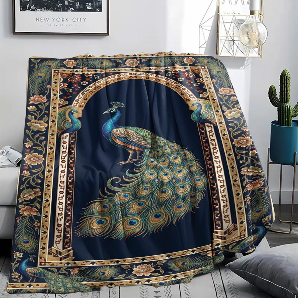1Pc Peacock Print Flannel Blanket, High quality Comfortable for All Seasons, Home Decor, Warmth and Comfort, Perfect for Christmas Gifts W118