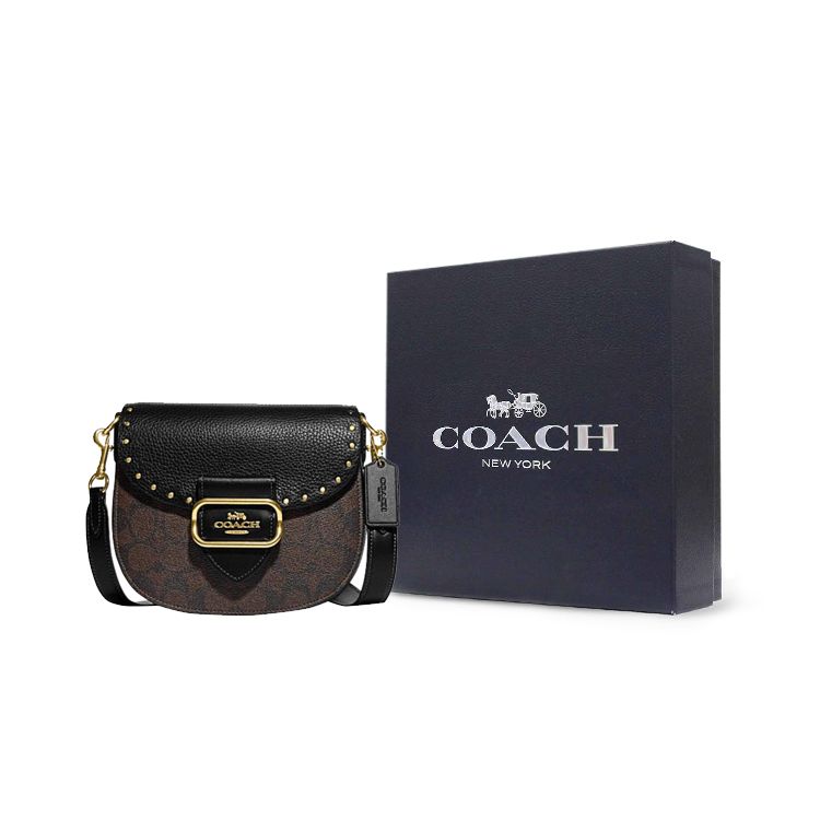 Coach Morgan 20 Classic Monogram Print Flap Crossbody Bag With Studded Decoration Women Crossbody Bag Brown Black CE567-IMOSN