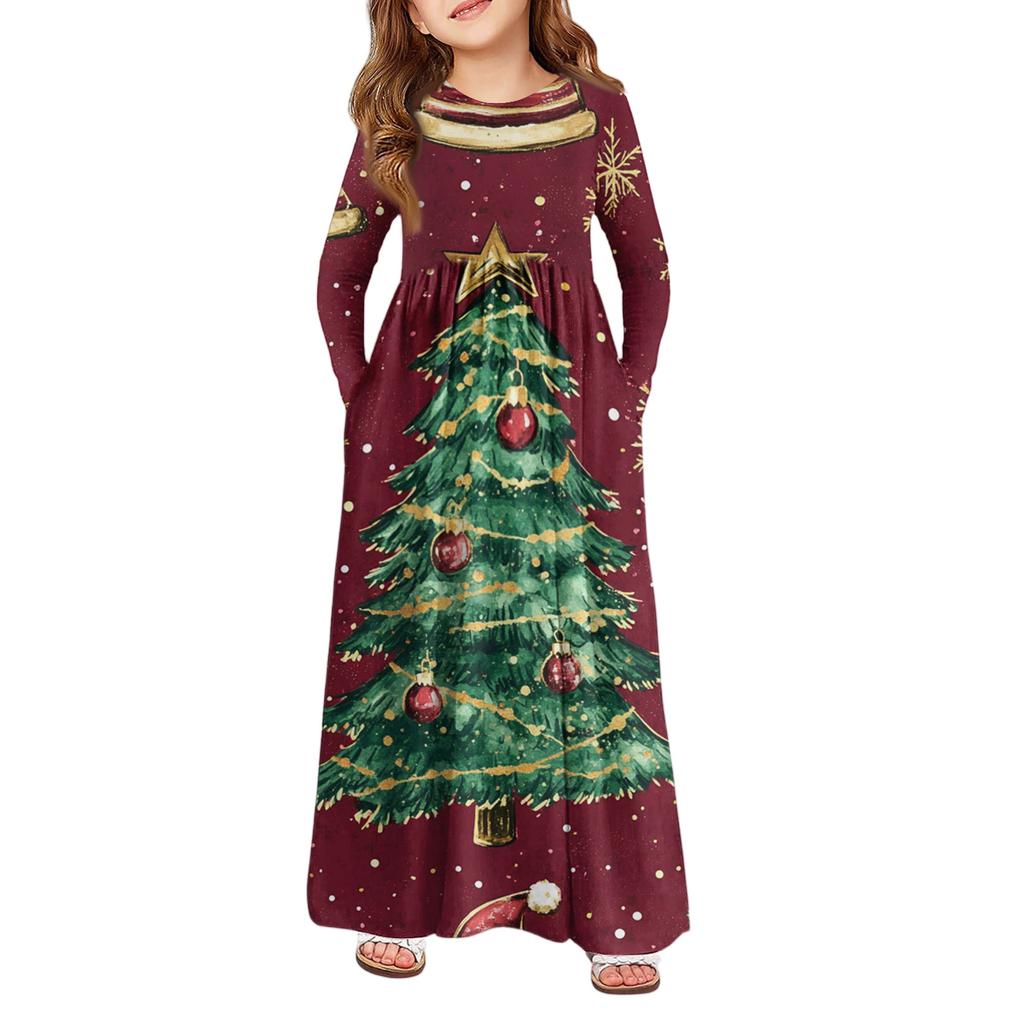 Girls' Maxi Dress - Long Sleeve Pocket Dress Christmas Day
