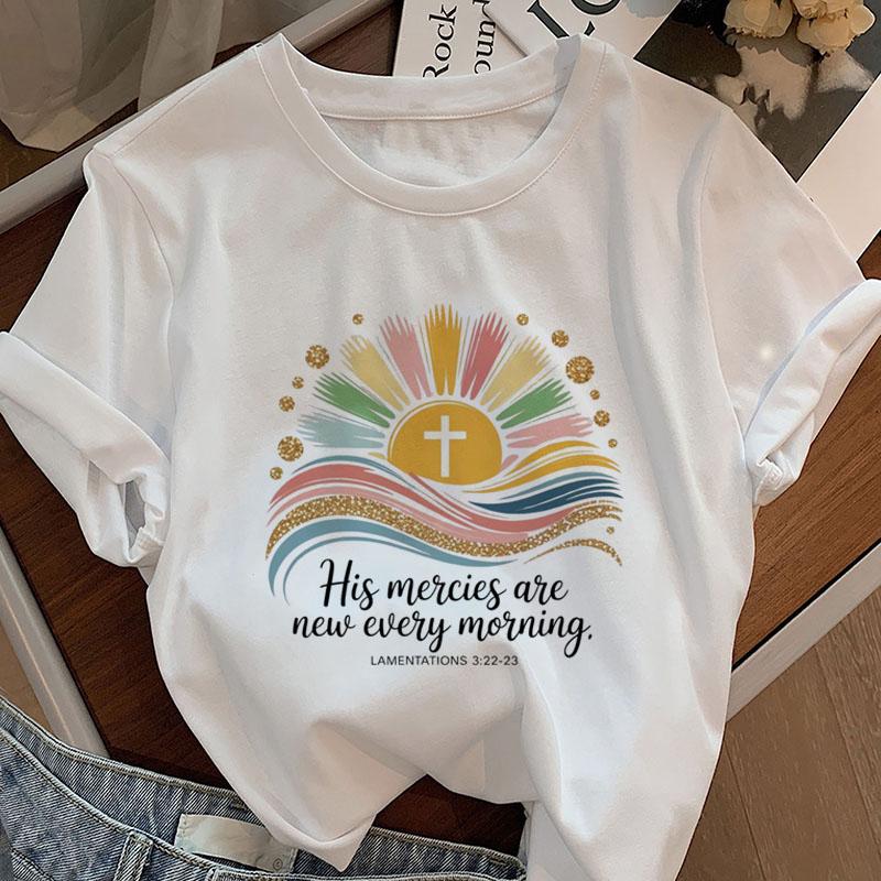 His Mercies Are New Christian Bible Verse T Shirt Jesus Cross TShirt Design Short Sleeve Tshirt Casual Round Neck Printed