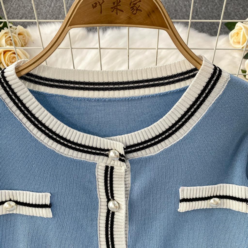 Summer Women Knitted Sweater Suit Short Sleeve Single Breasted Cardigan Top and Ankle Length Pant Two Piece Set For College Girl