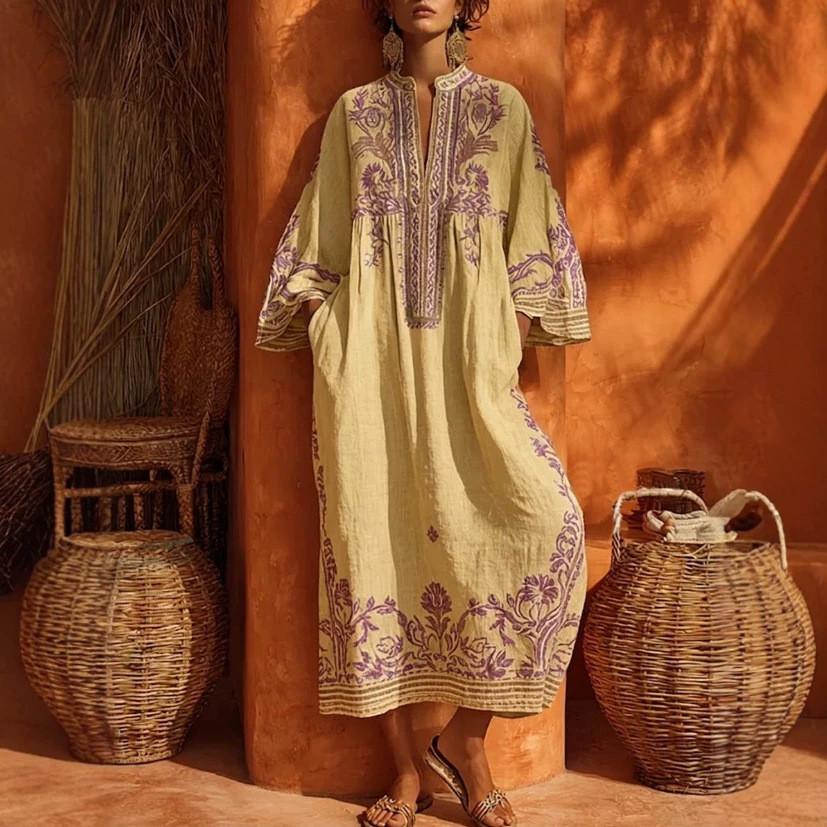 Abito Lungo Bohemian Stampato in Cotone e Lino con Tasche per Uso Casual Estivo