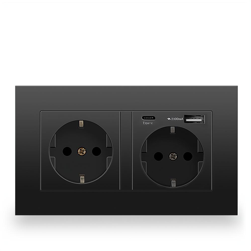 EIOMR EU Standard Power Socket, Single and Double 220V 16A White Black PC Panel EU Socket, Wall Usb Type-C Plugs Outlet for Home