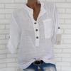 Spring Autumn Cotton Linen Shirts Women Roll Long Sleeve Plus Size Shirt Solid Color Buttons V Collar Pocket Tops