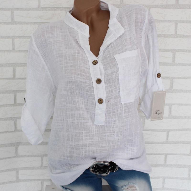 Spring Autumn Cotton Linen Shirts Women Roll Long Sleeve Plus Size Shirt Solid Color Buttons V Collar Pocket Tops
