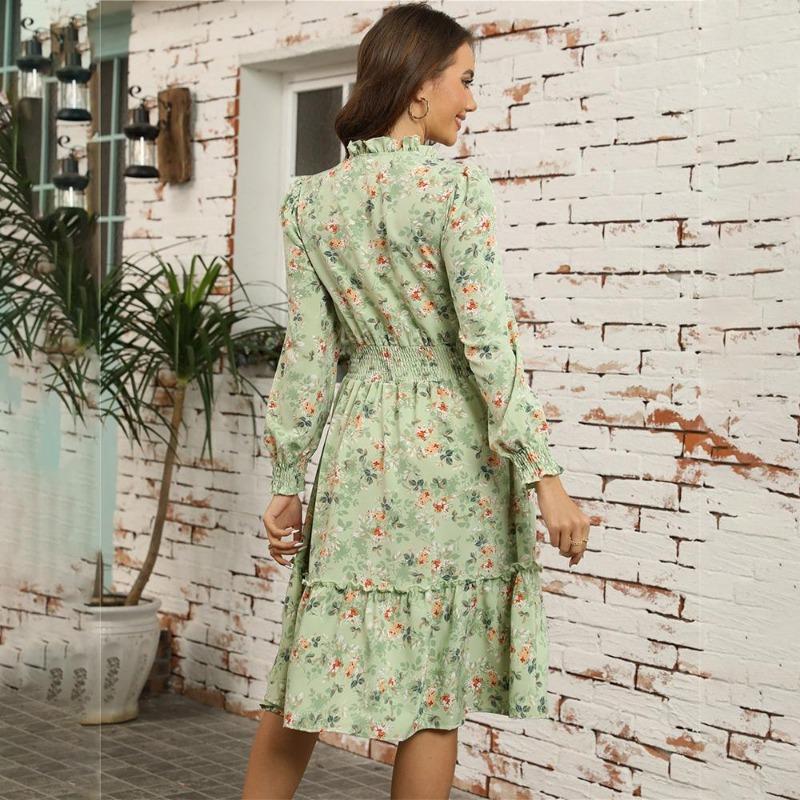 Autumn Winter Women Long Sleeve Print Elegant V-neck Casual A-Line Knee-Length High Waist Dress