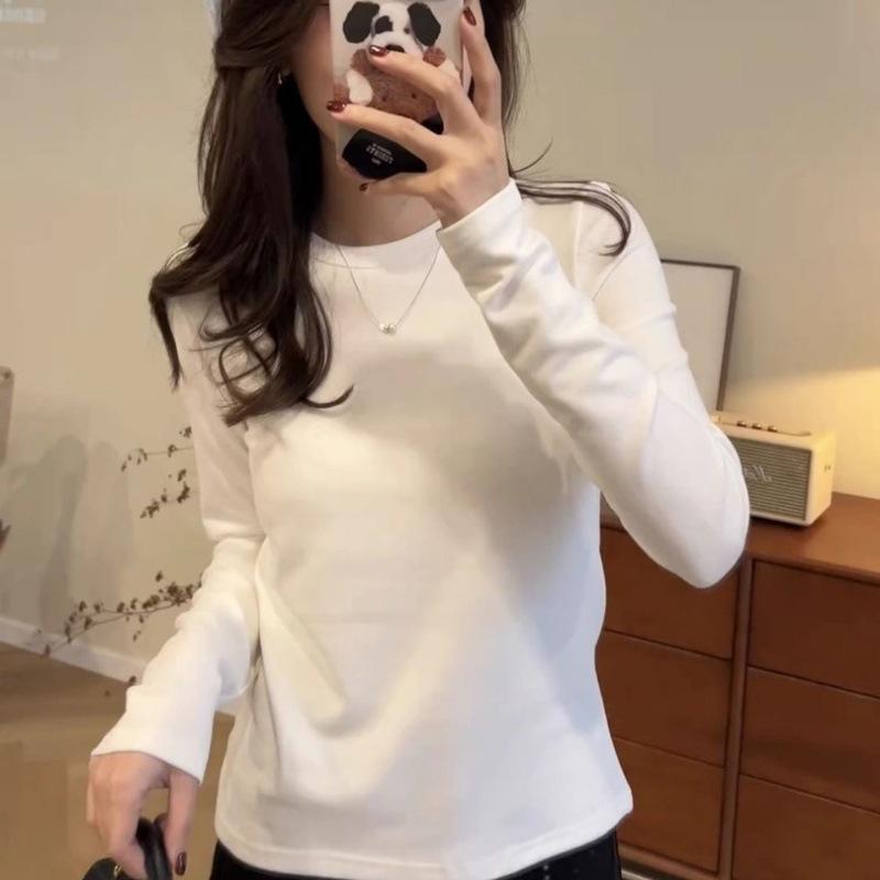 Women's Slim Fit Long-Sleeve Round Neck T-Shirt - Solid Color, High Street Autumn Style