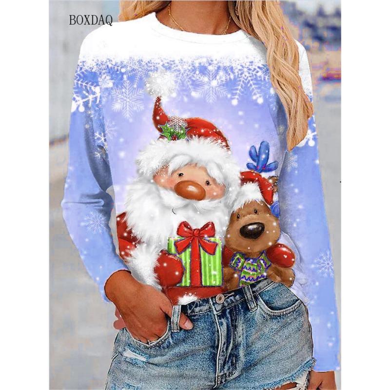 Big Size Women Clothing Christmas T-shirts Autumn Winter Long Sleeve 3d Santa Claus And Snowman Print Cartoon Cute Lady Tops