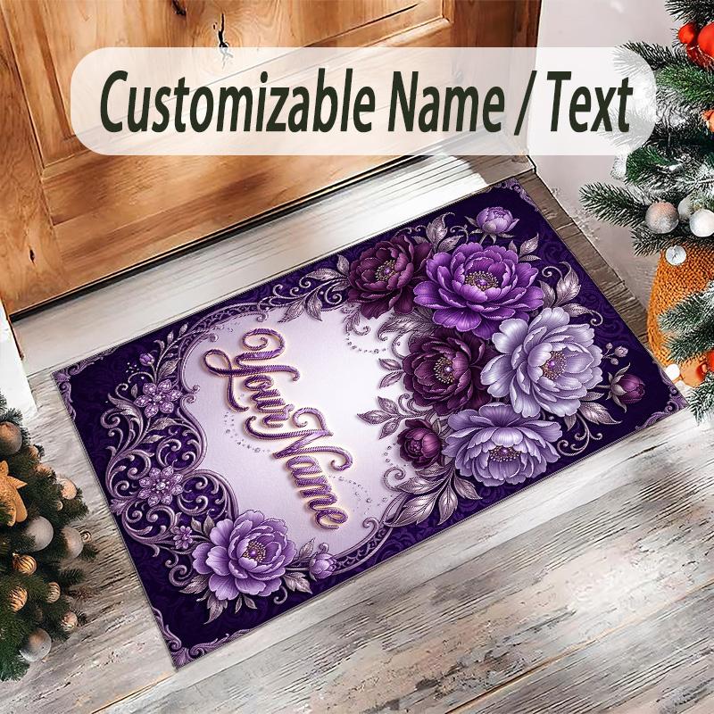Floral Theme Crystal Velvet Rug Personalized Custom Name Text Soft Floor Mat Home Decor