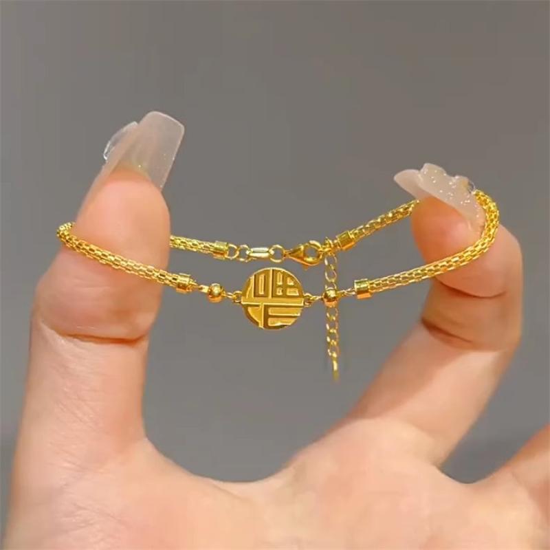 Gold Plated Fortune Character Bracelet For Women Luxury Stainless Steel New Year Versatile Bracelets Good Luck Wealth Jewelry
