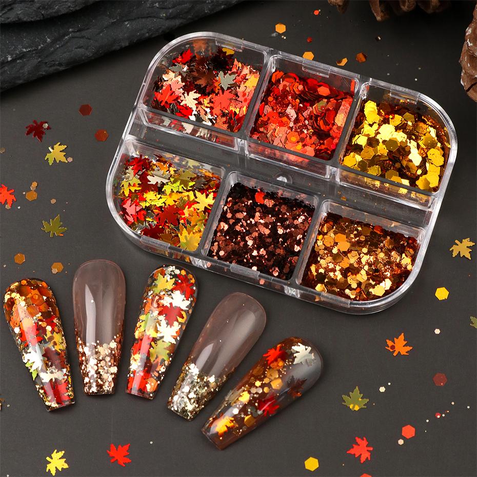 Xiaomi 6 Grids Fall Maple Leaf Nail Glitter Sequins Metallic Autumn Hexagon Nail Art Flakes Orange Gold Red Nail Decorations Manicure
