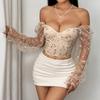 Women's Embroidered Patchwork Mesh Low Cut Steel Ring Fishbone Long Sleeved Top