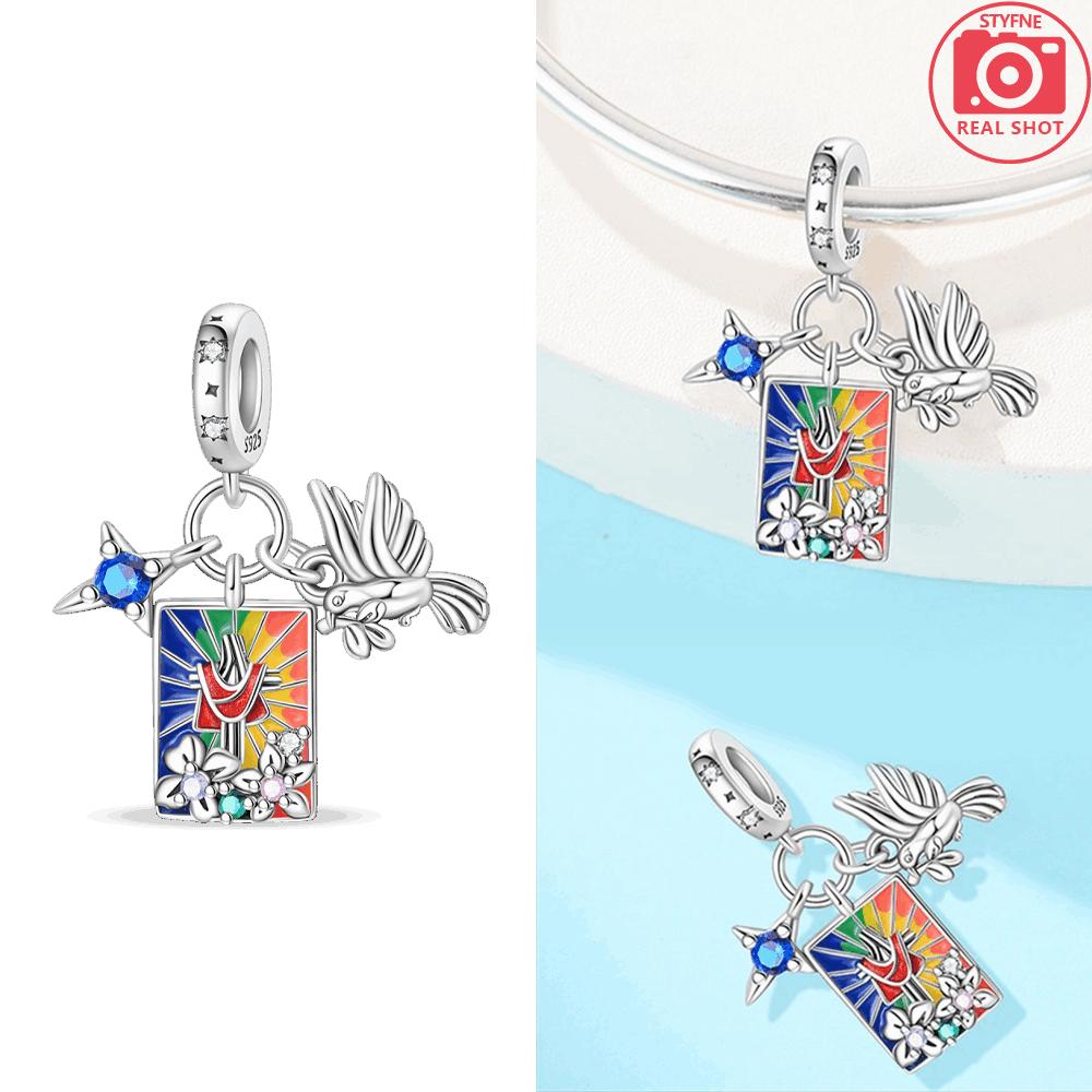 Original Copper Colored Pendant Cross Dove Heart Angel Blue Zircon Bead Fit Bracelet Jewelry Fine Anniversary Day Gift Women