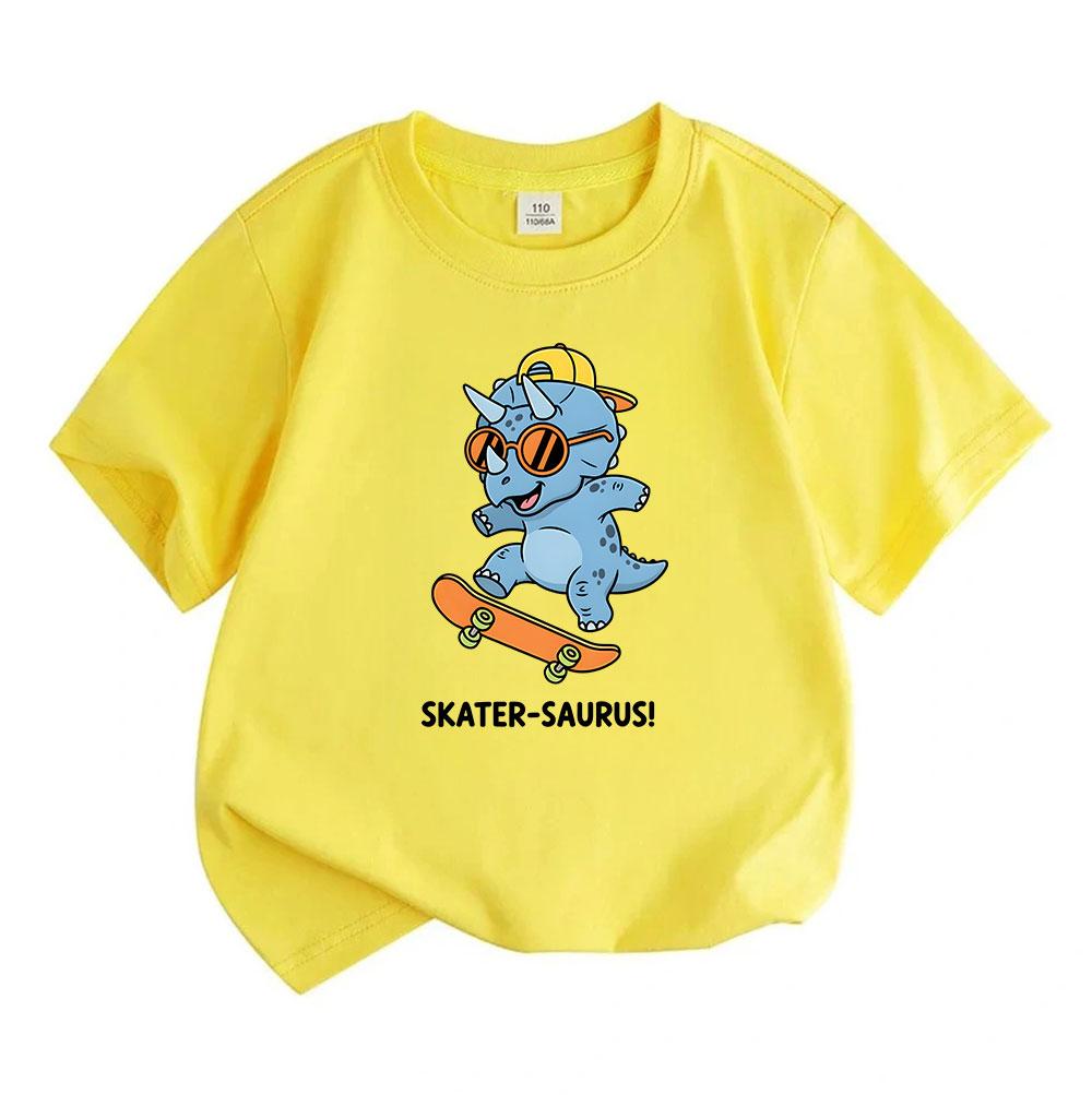 Kids Boys Girls 100% Cotton Crew Neck Short Sleeve T-Shirt, Cool Cartoon Skater Triceratops Dinosaur Skateboard Printed Casual Tees for Toddler Childr