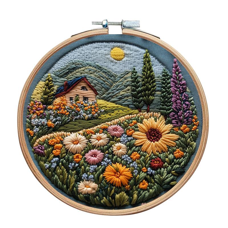 1 Stk. Haus- und Blumenmuster Stickerei DIY Stoffbastelset mit Werkzeugen