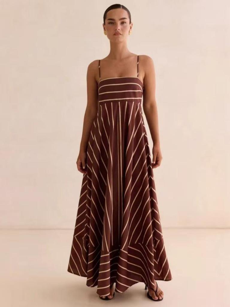 Spring/Summer 2024 Striped Off-Shoulder Wide-Hem Camisole Dress - Fresh Casual Vacation Style