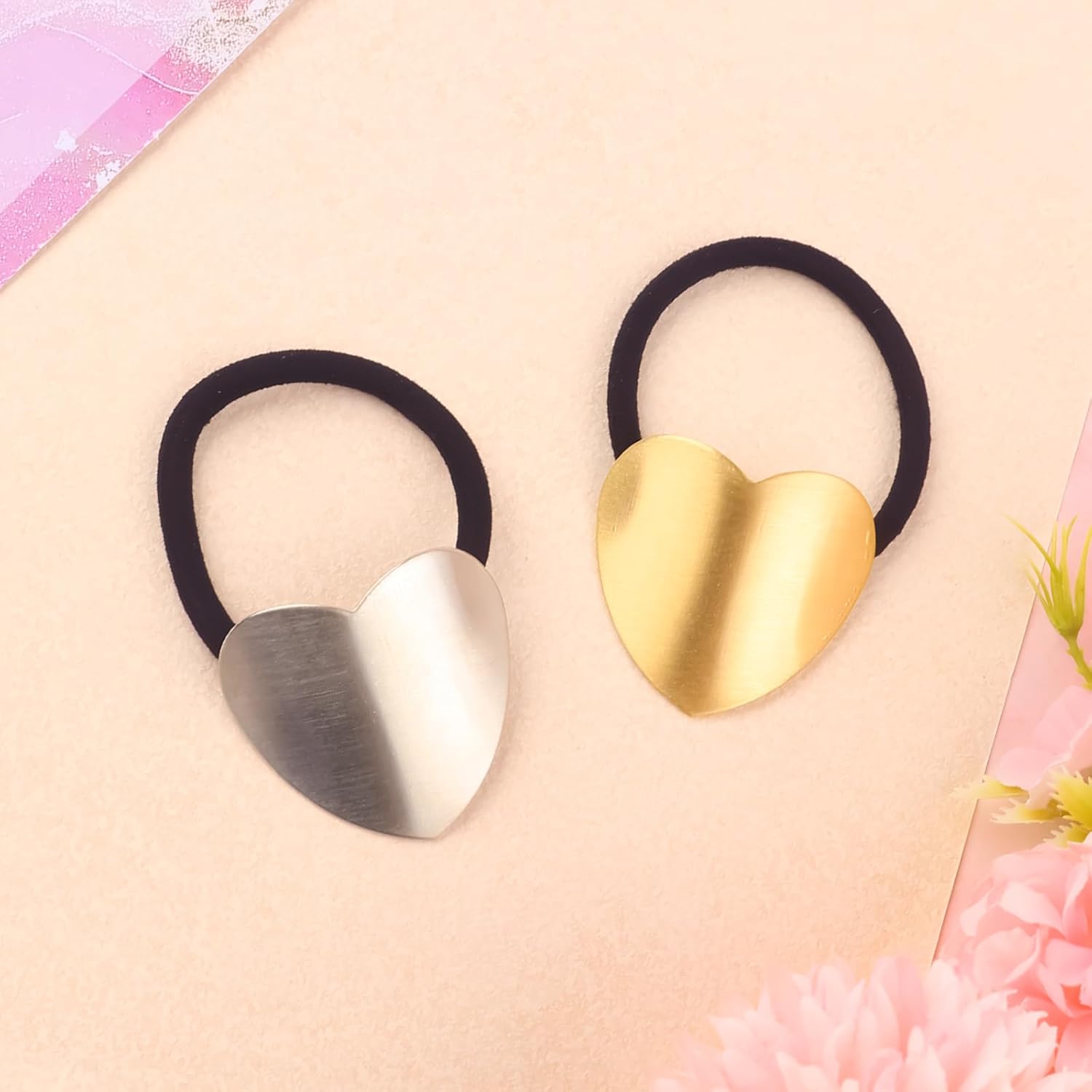 2Pcs Metal Hair Ties, Metal Heart Elastic Hair Ties, Hair Cuff Wrap Hair Ties for Thick Hair Gold Silver Ponytail Cuff Elastic Hair Ties for Women s