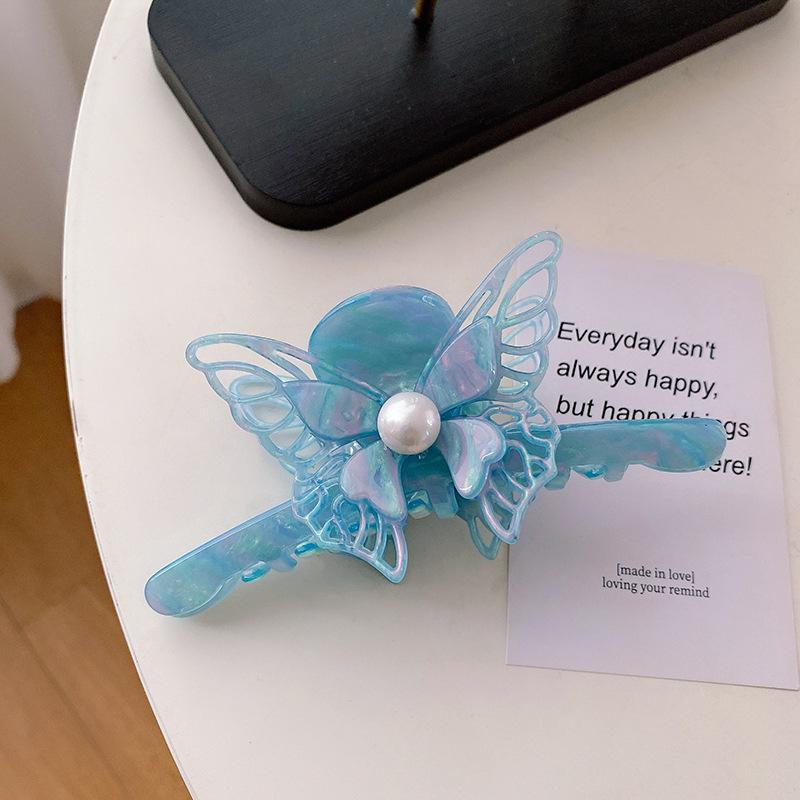 

Acetate Large Hair Clip With Artistic Butterfly Design And Classy Pearl Touches For Women Modern Blue12cm