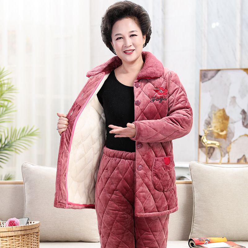 Women's Super Thick Three-Layer Velvet Pajamas - Winter Coral Fleece Quilted Homewear for Adults
