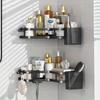 No Drill Corner Shower Shelf Wall Mounted Bathroom Organizer with Hooks Double Tier Storage Rack for Toiletries Space Saving