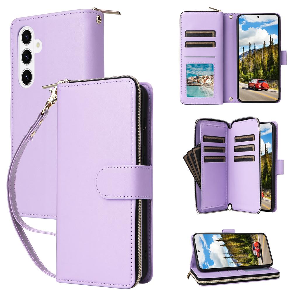 For Samsung Galaxy S26+ Case 9 Card Slots Zipper Pocket PU Leather Phone Cover with Wrist Strap