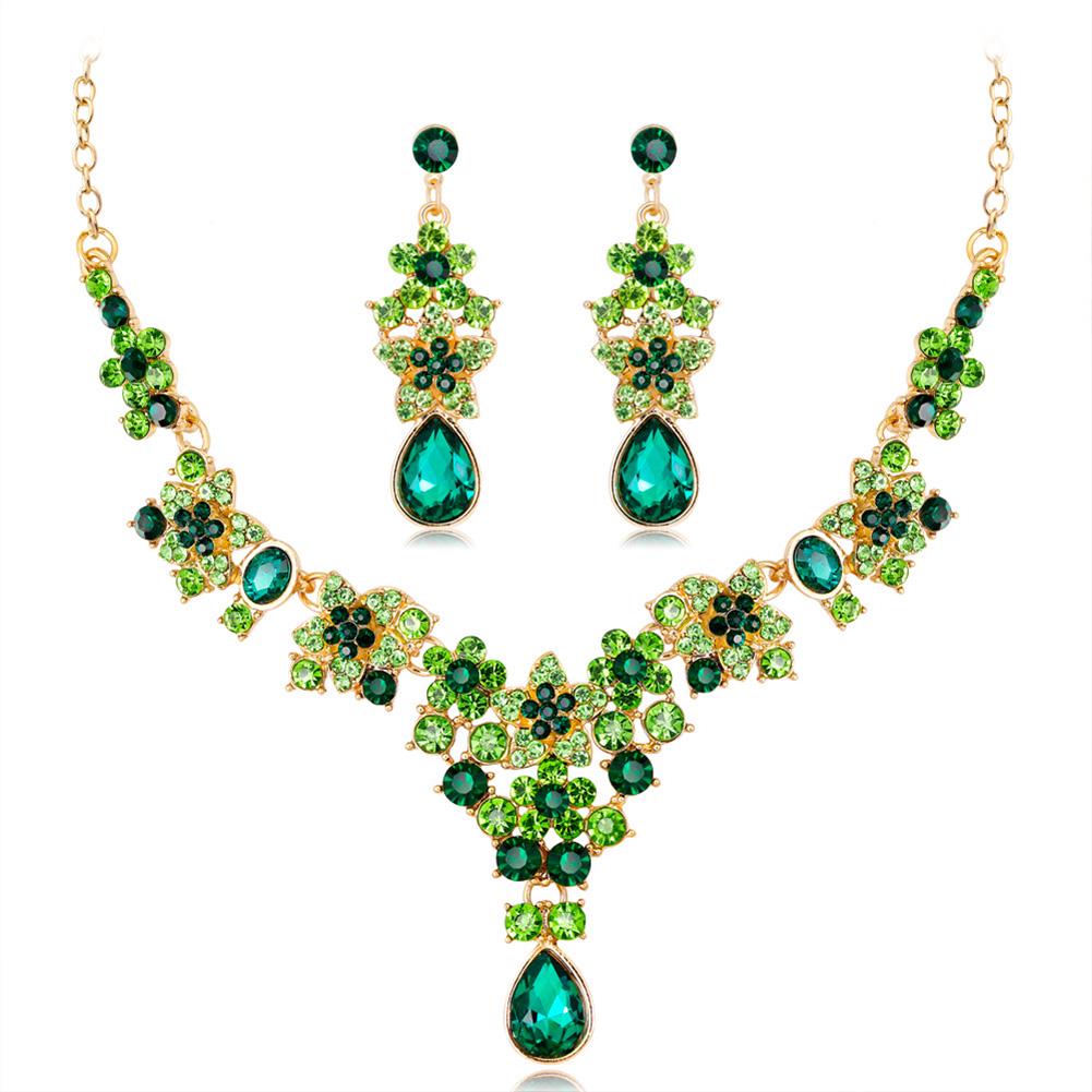 Women Bridal Multi-color Jewelry Set Elegant Fashionable Diamond Alloy Necklace + Earring Set