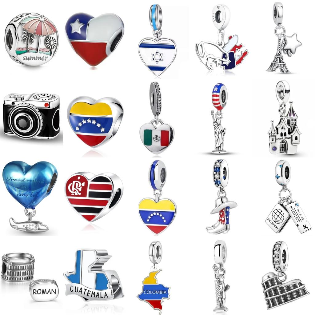 Original 925 Silver Flag Castle Camera Charms Pendants For Women Jewelry Making DIY Gift