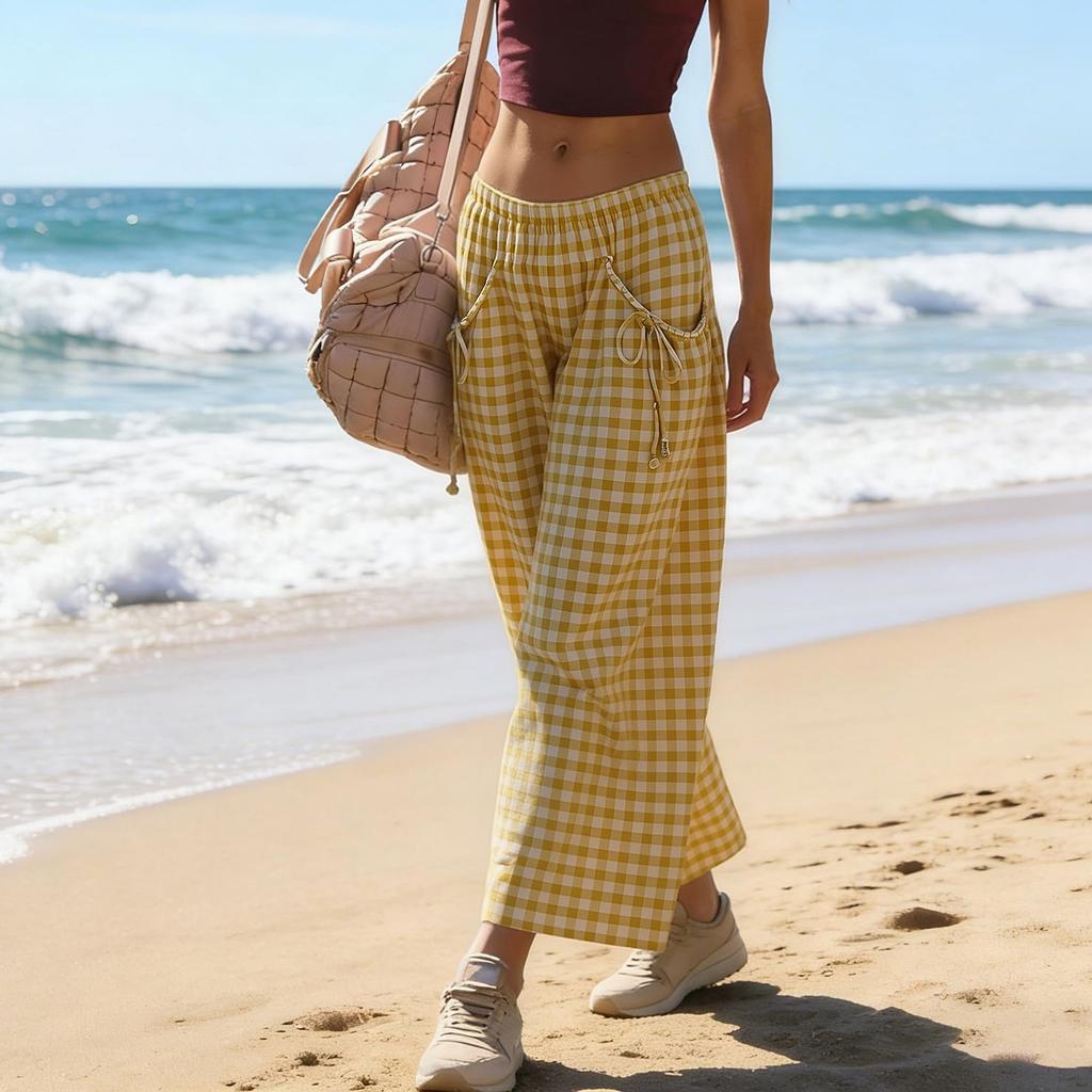 Women High Waisted Palazzo Pants Casual Drawstring Lounge Pants Wide Leg Trousers with Pockets Checkered Print