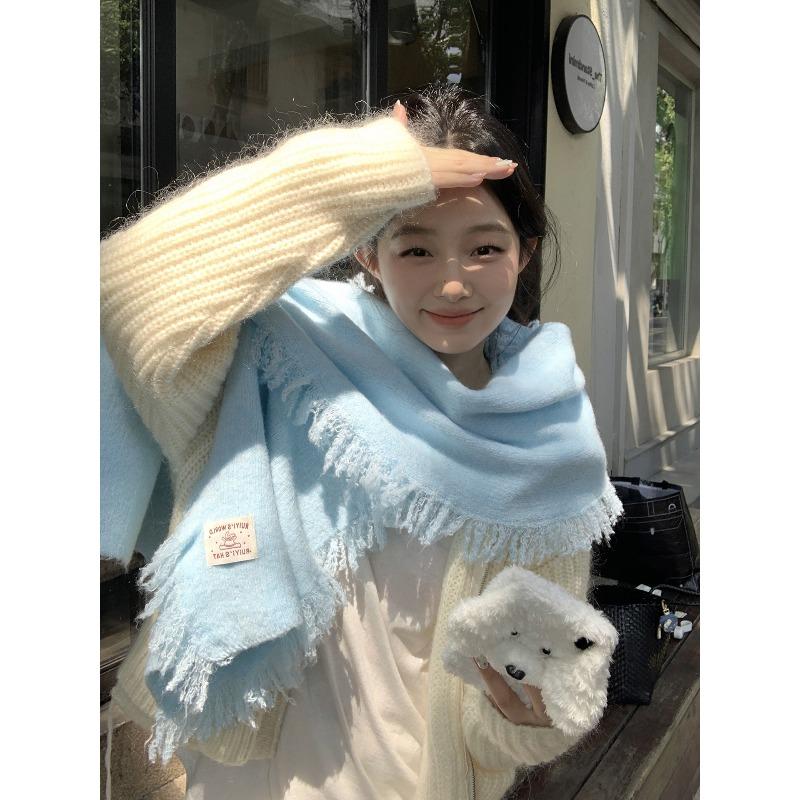 Blue Tassel Knitted Scarf for Women in Winter Korean Style Versatile High End Thickened Warm and Cold Protection Neck Scarf Shawl